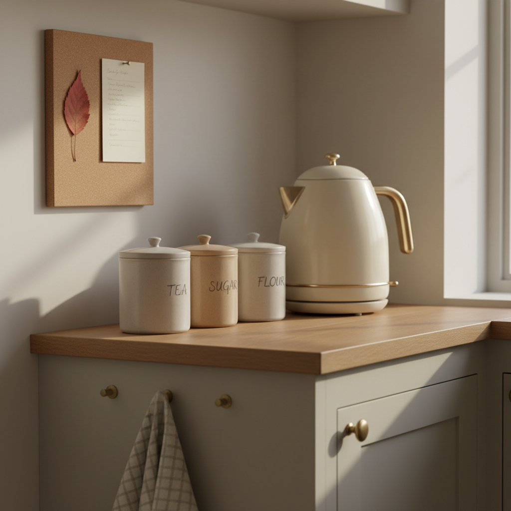 A cozy, thoughtfully styled kitchen counter scene emphasizing slow living, with a vintage-inspired, cream-colored electric kettle on a smooth oak countertop, next to a small collection of neatly arranged ceramic canisters labeled for tea, sugar, and flour in delicate script. A soft, neutral plaid tea towel hangs from a nearby hook, and a simple corkboard on the wall holds a handwritten recipe card and a pressed leaf. Light warm gray cabinetry and brushed brass hardware provide a classic backdrop. Gentle morning light streams from the right, creating subtle reflections on the kettle’s surface and a calm, inviting glow. Photographic realism, shot at a three-quarter angle, with a shallow depth of field that softly blurs the background, embodying cozy home rituals, simplicity, and a sophisticated, timeless style.