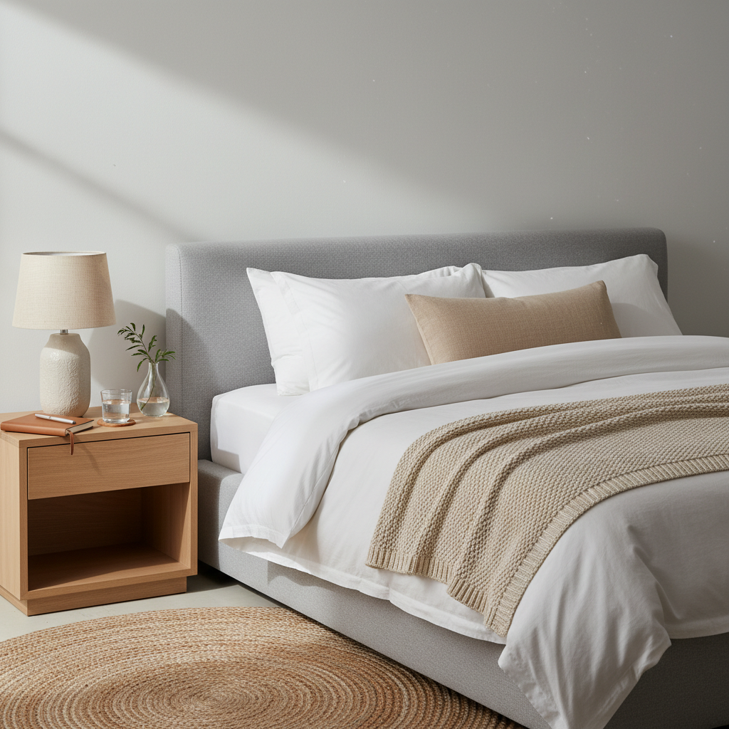 A serene bedroom corner styled for rest and mental wellness, featuring a low-profile, upholstered bed in a soft dove-gray fabric with crisp white cotton bedding, a neatly folded chunky knit throw at the foot, and a single sand-colored lumbar pillow. A light oak nightstand holds a small ceramic lamp with a warm linen shade, a glass of water, a slim journal with a pen, and a petite clear vase with a single sprig of greenery. The wall is painted a warm, muted white, and a woven jute rug peeks into the frame. Early morning natural light filters in from the left, diffused and gentle, casting soft shadows and a tranquil atmosphere. Photographic realism, eye-level composition with clean lines and plenty of negative space, evoking peaceful, slow living.