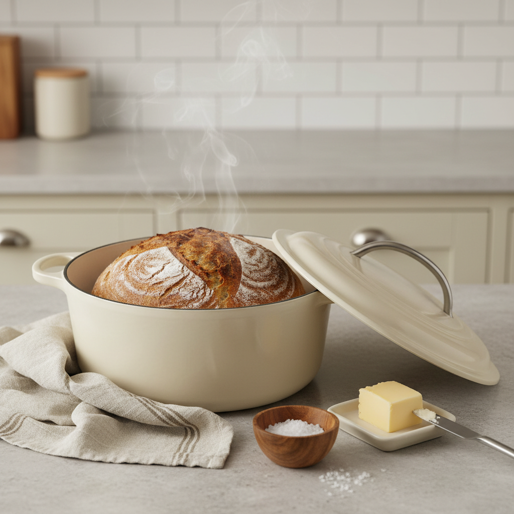 A close, intimate view of a classic cast-iron Dutch oven on a matte, light stone countertop, its creamy enamel lid slightly tilted to reveal a rustic loaf of freshly baked sourdough, crust deeply golden and artfully cracked. Steam curls upward, just visible in the soft, warm kitchen light. Around the pot, a natural linen tea towel with thin, taupe stripes lies casually folded, alongside a small wooden bowl of sea salt and a butter dish with a pale, softened pat of butter. The background fades into a subtly blurred hint of shaker cabinets and a simple subway tile backsplash. Photographic realism, shot from a slightly elevated angle with shallow depth of field, evoking comfort, simple cooking, and quiet, sophisticated domesticity.