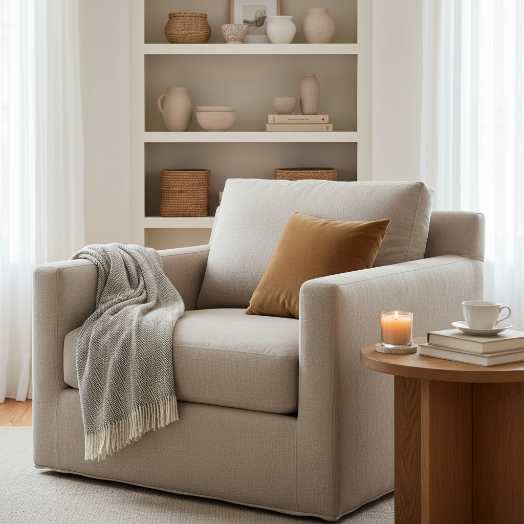 An inviting reading nook in a classic, sophisticated living room, composed of an overstuffed oatmeal-colored linen armchair layered with a subtly patterned herringbone wool throw and a single, plump, camel-toned velvet pillow. A small round oak side table holds a neatly stacked pair of hardback books, a lit beeswax candle in a simple glass holder, and a delicate porcelain teacup on a saucer. Behind, built-in shelves in warm white display curated neutral ceramics and woven baskets. Soft afternoon light spills through sheer white curtains, creating diffused, peaceful illumination and gentle highlights on the wood grain. Photographic realism, shot from a slightly angled perspective with a calm, balanced composition, conveying mental wellness, slow living, and a serene, cozy home atmosphere.