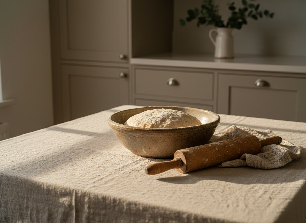 A warmly lit, classic white farmhouse kitchen table styled for a cozy evening at home, featuring a linen-draped surface with a slightly rumpled natural flax tablecloth and a large stoneware mixing bowl filled with freshly risen bread dough, its surface dusted with flour. Nearby, an antique wooden rolling pin rests beside a folded, cream-colored knit dishcloth. In the softly blurred background, shaker-style cabinets in warm greige and a simple ceramic pitcher with eucalyptus branches create a serene backdrop. Golden hour light filters through an unseen window, casting gentle, elongated shadows and a calm, inviting atmosphere. Photographic realism, shot at eye level with shallow depth of field, emphasizing texture and warmth, in a sophisticated, timeless, cozy-home aesthetic.